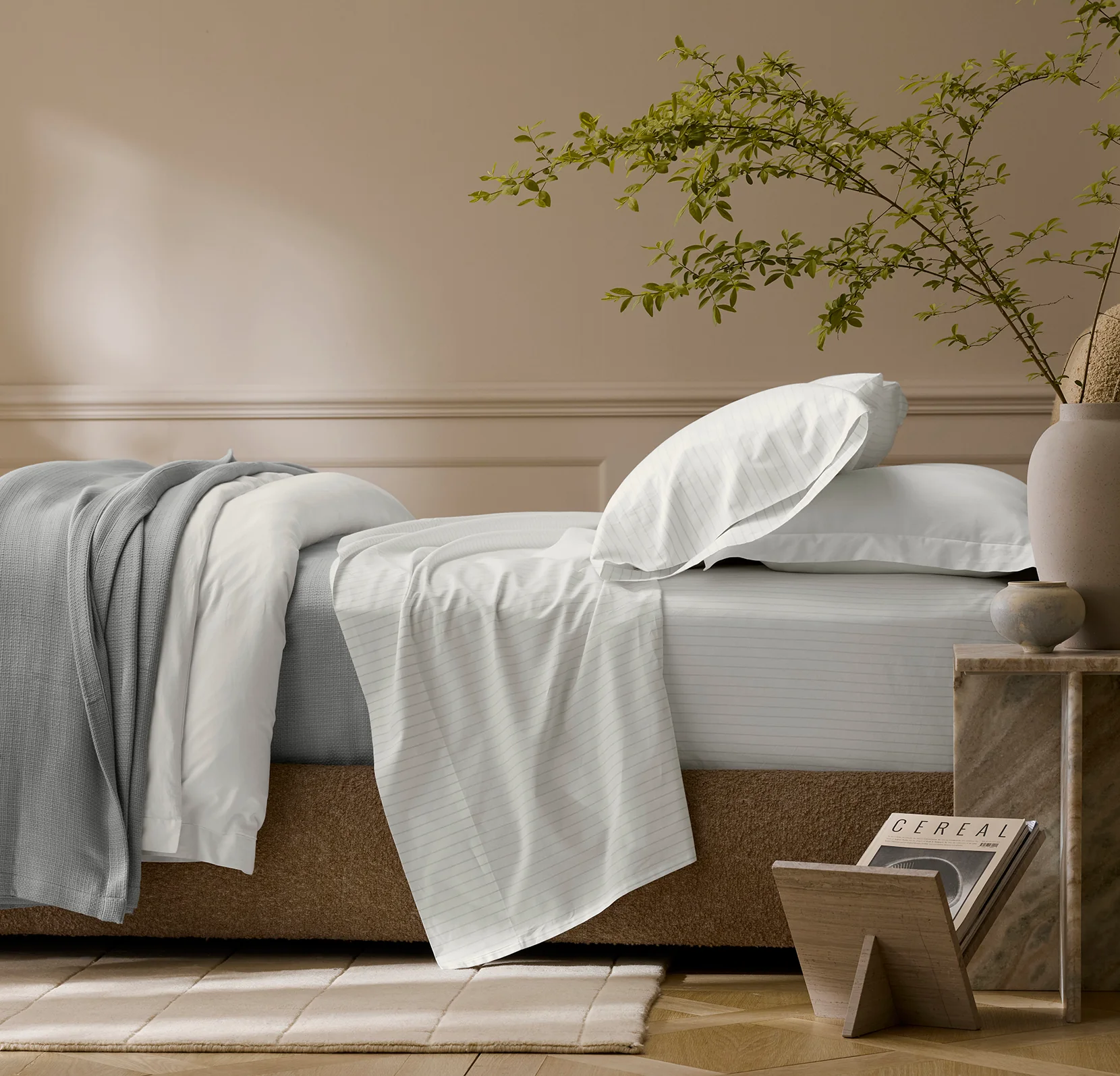 Percale Hemmed Sheet Set - White/Oak Simple Stripe - Image 2
