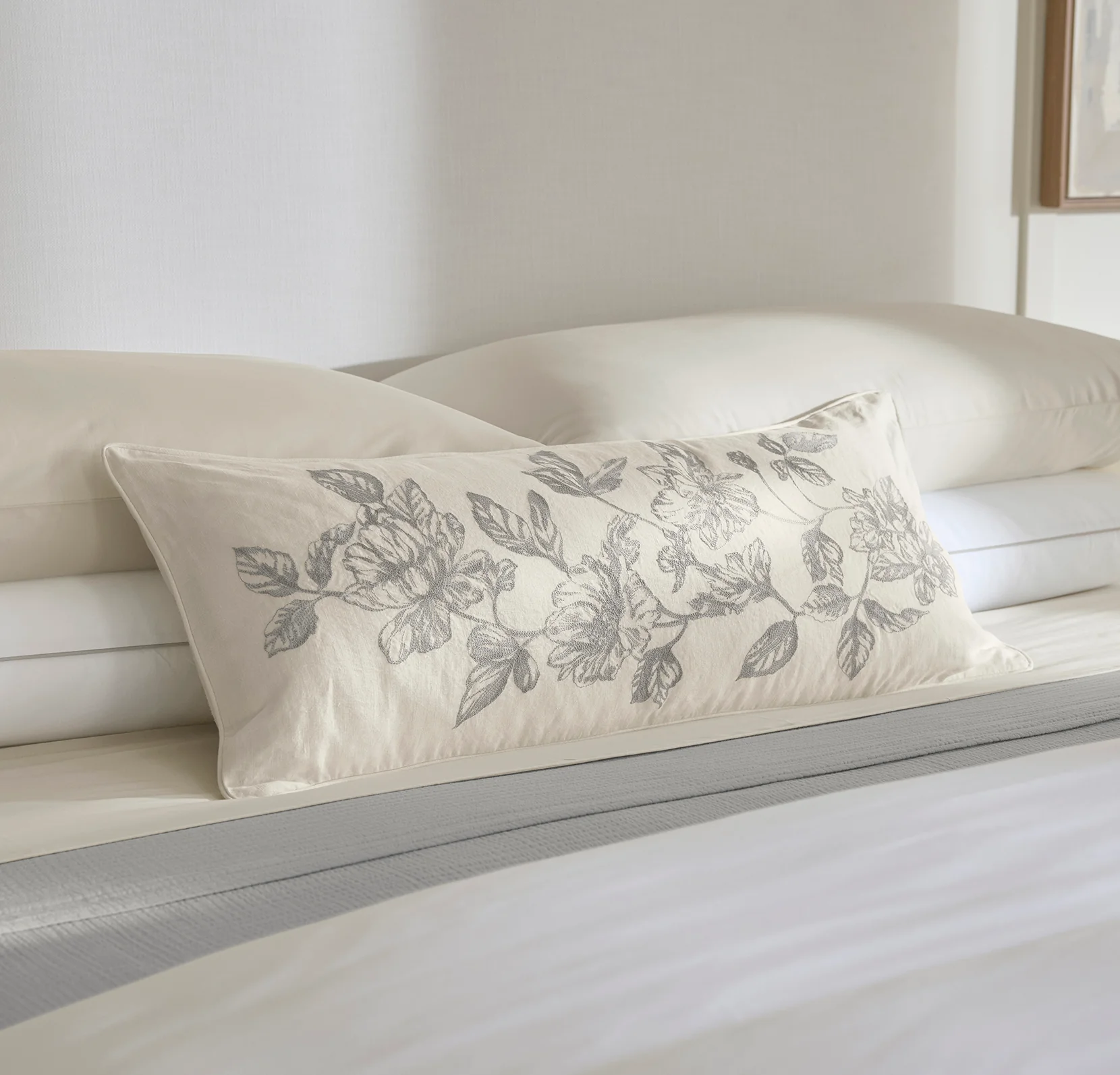 Etched Peony Pillow Cover - Cream/Pewter - Image 3