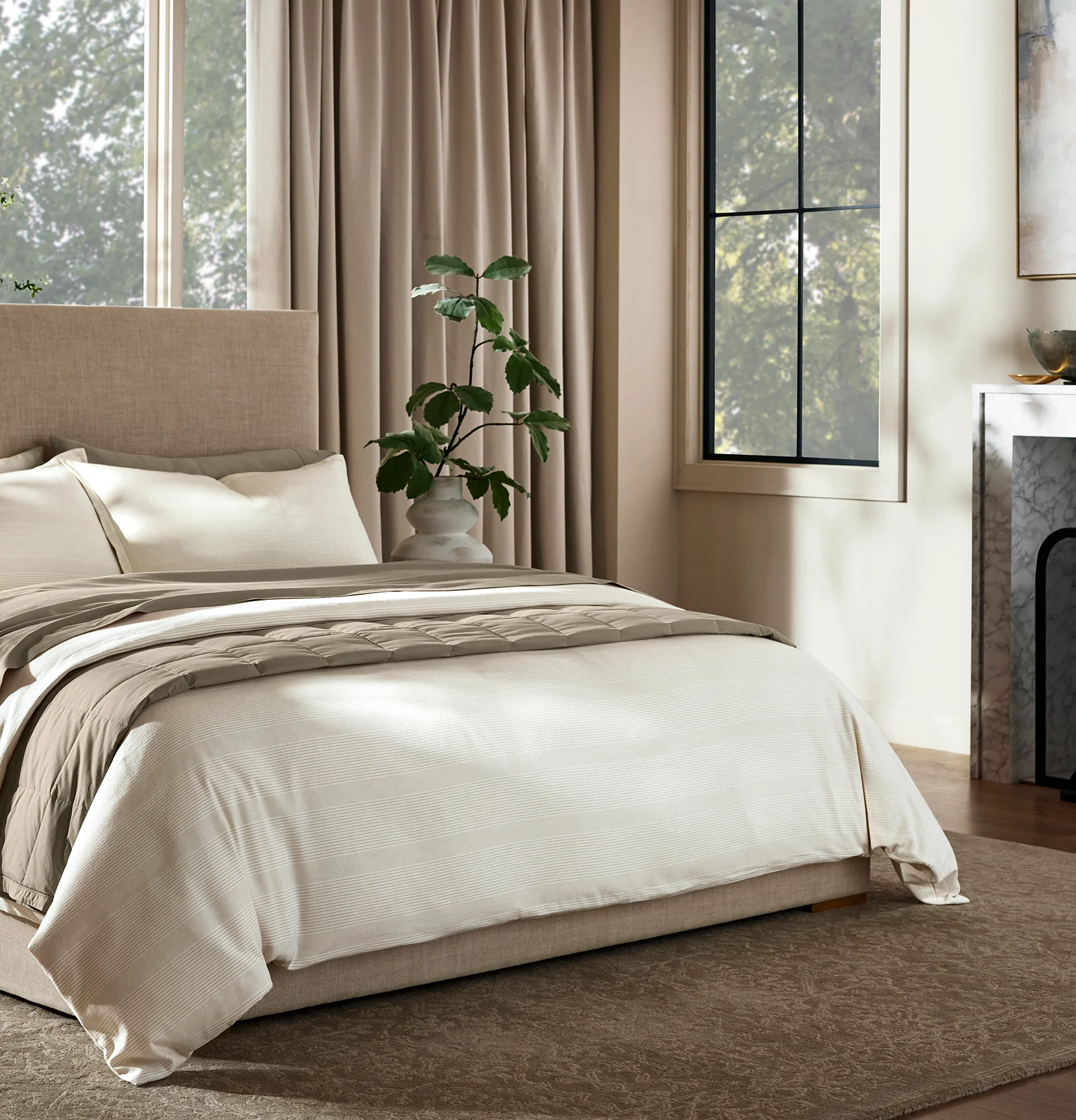 Flannel Duvet Set - Cream/Oak Fine Line Stripe - Image 2