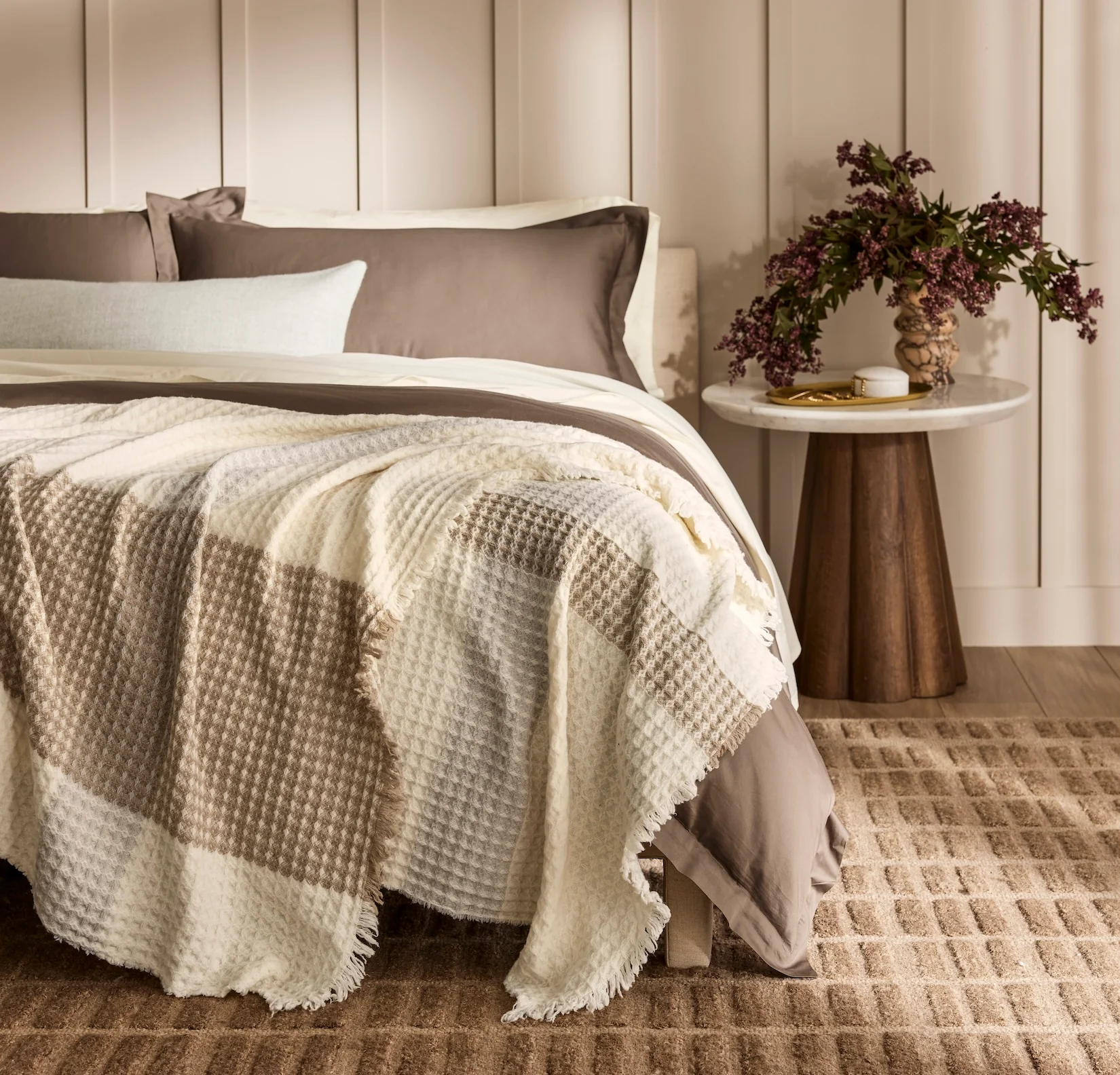 Heirloom Waffle Merino Bed Blanket - Plaid Cream/Pewter/Twig - Image 3