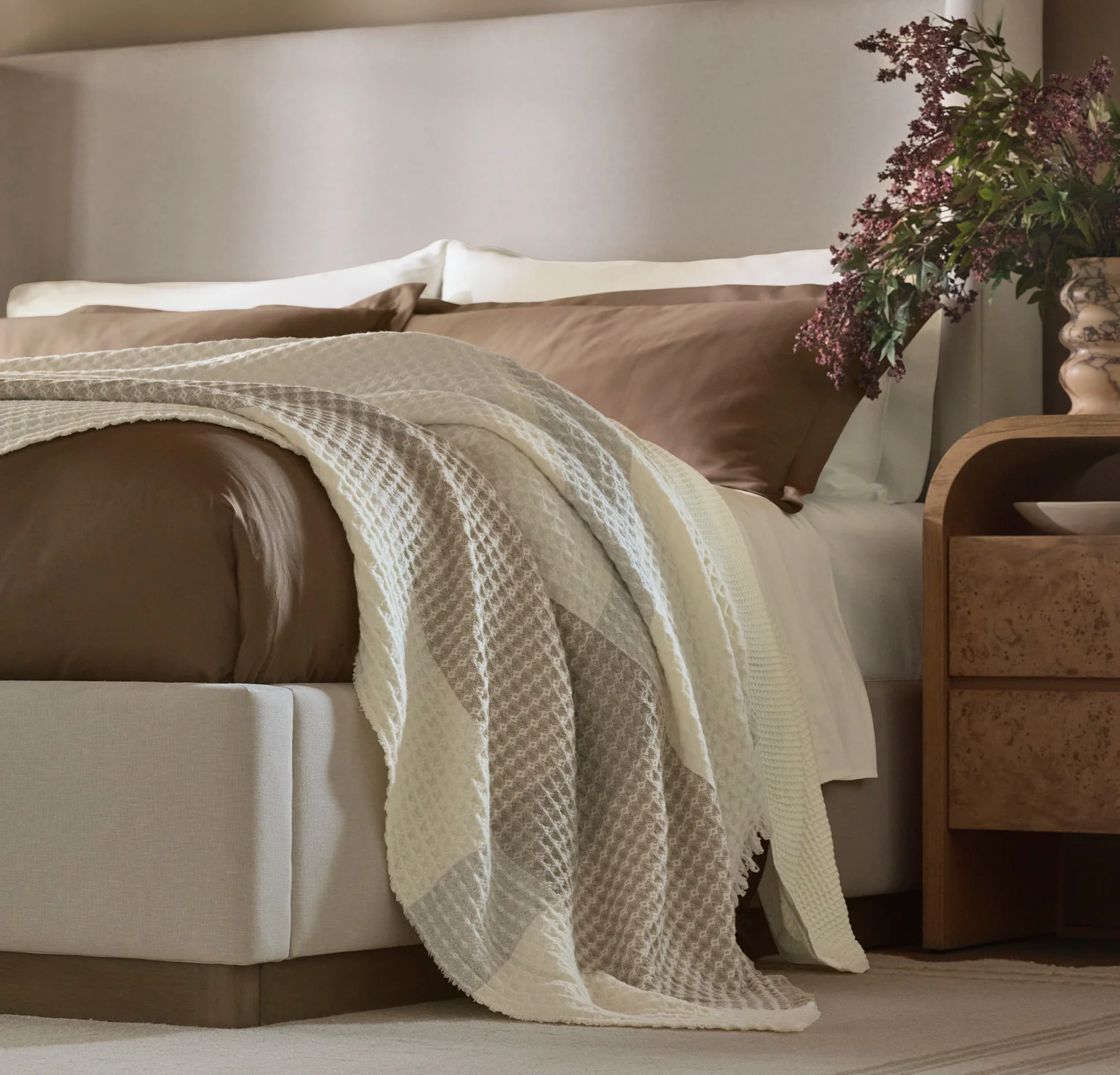 Heirloom Waffle Merino Bed Blanket - Plaid Cream/Pewter/Twig - Image 5