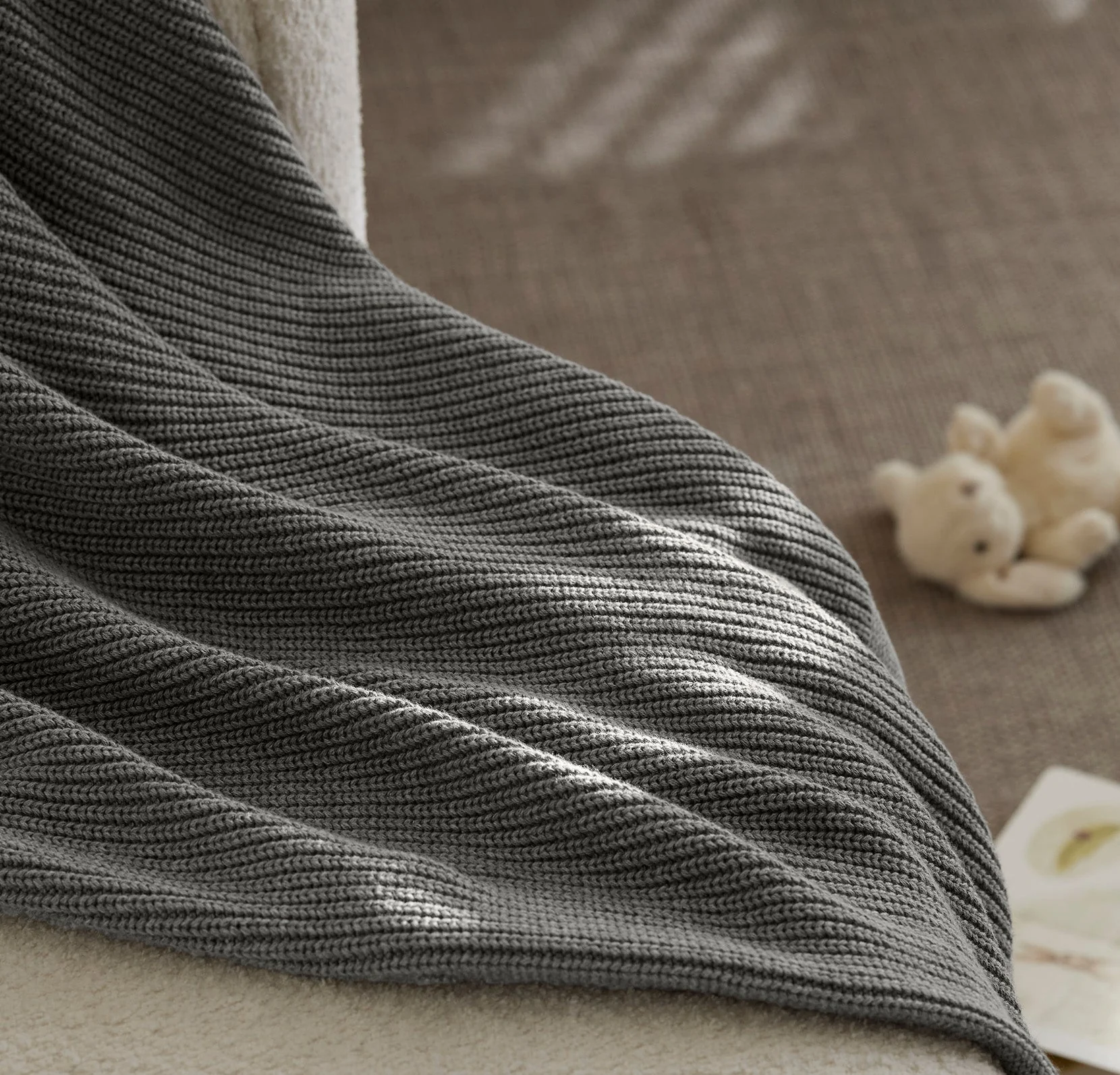 Ribbed Knit Baby Blanket - Heathered Stone - Image 5