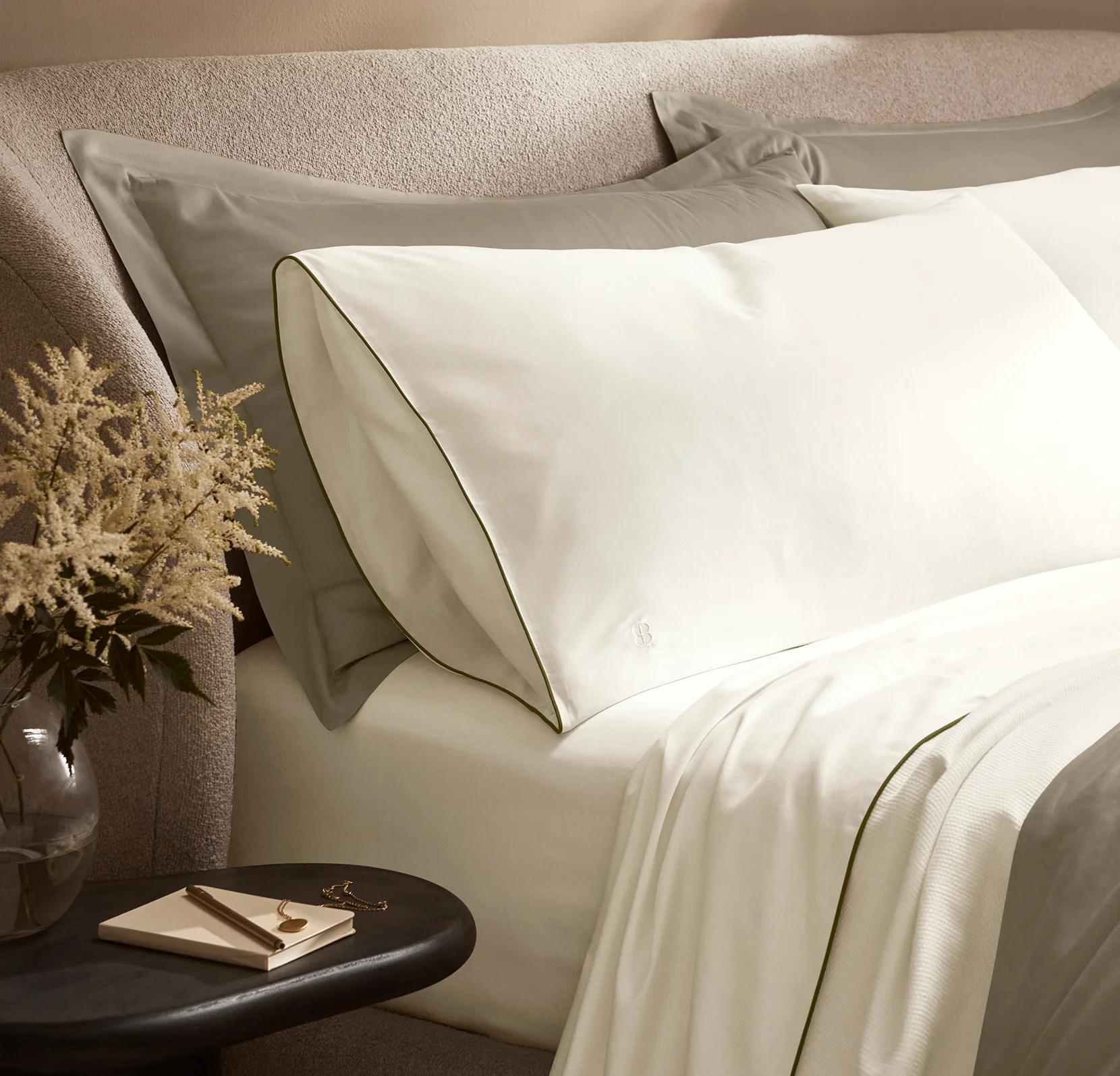 Signature Embellished Pillowcase Set - Cream/Olivine Piped Edge - Image 3
