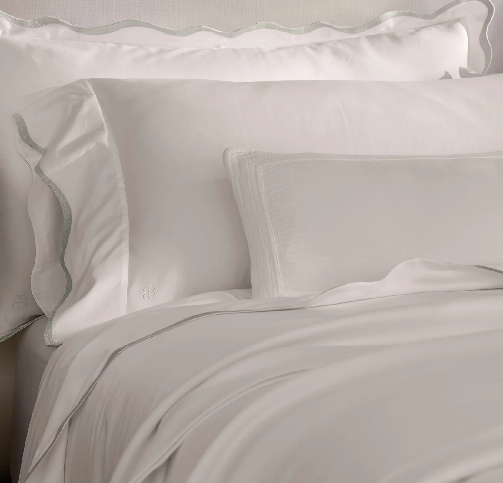 Signature Embellished Pillowcase Set - White/Mist Curved Edge - Image 3
