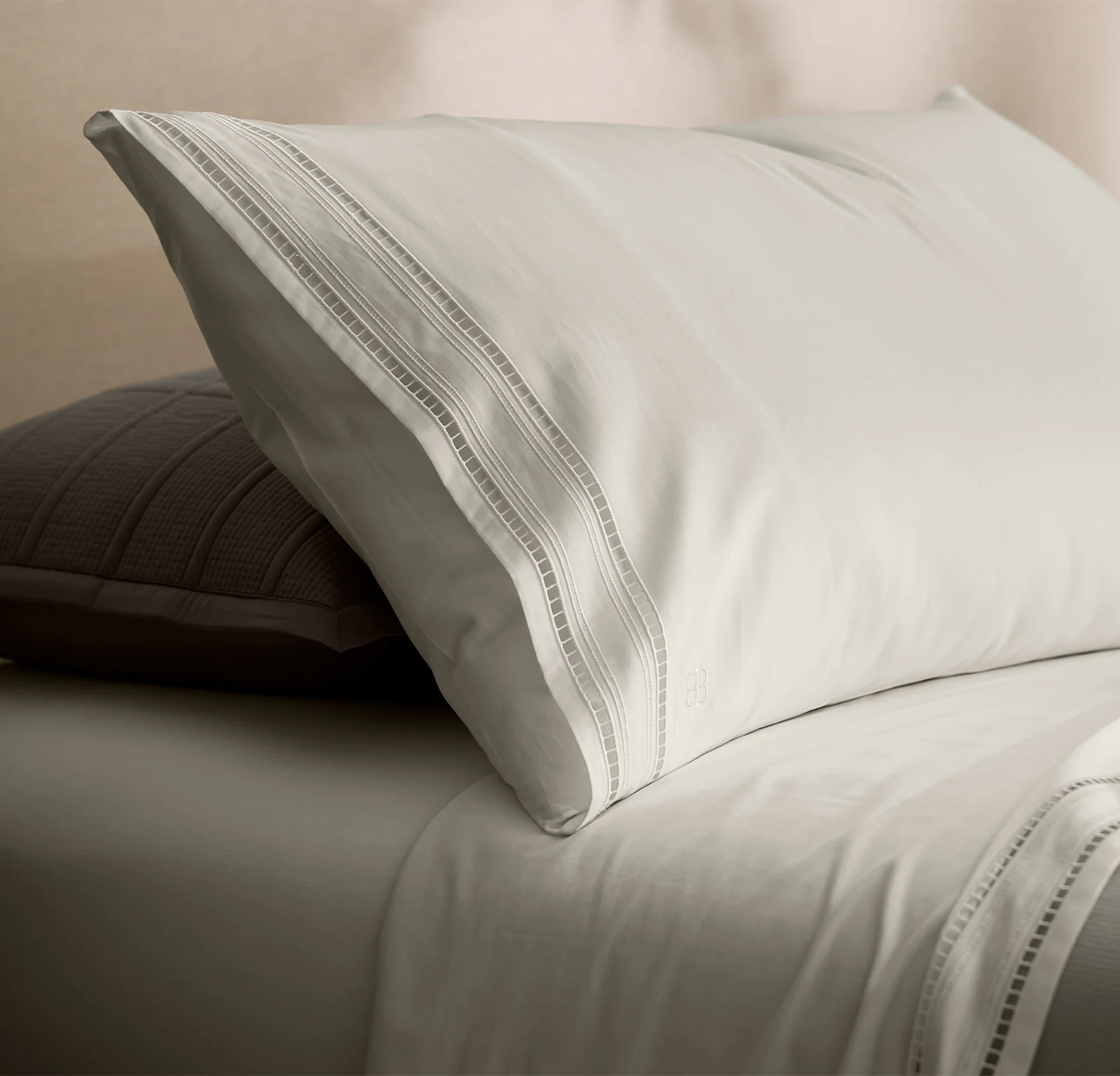 Signature Embellished Pillowcase Set - White/White Ladder Stitch - Image 3