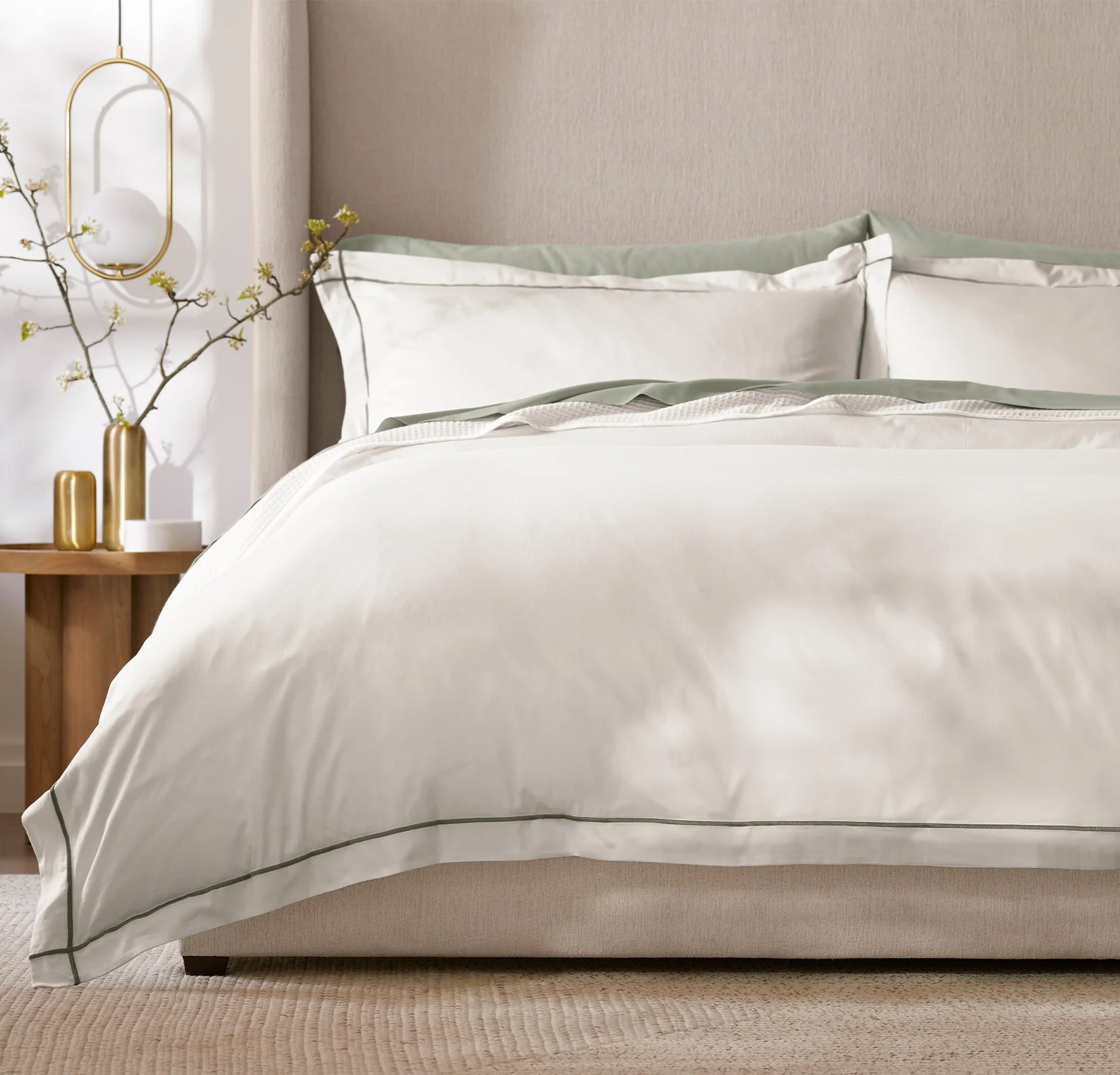 Signature Hemmed Duvet Set - White/Juniper Embroidered - Image 3